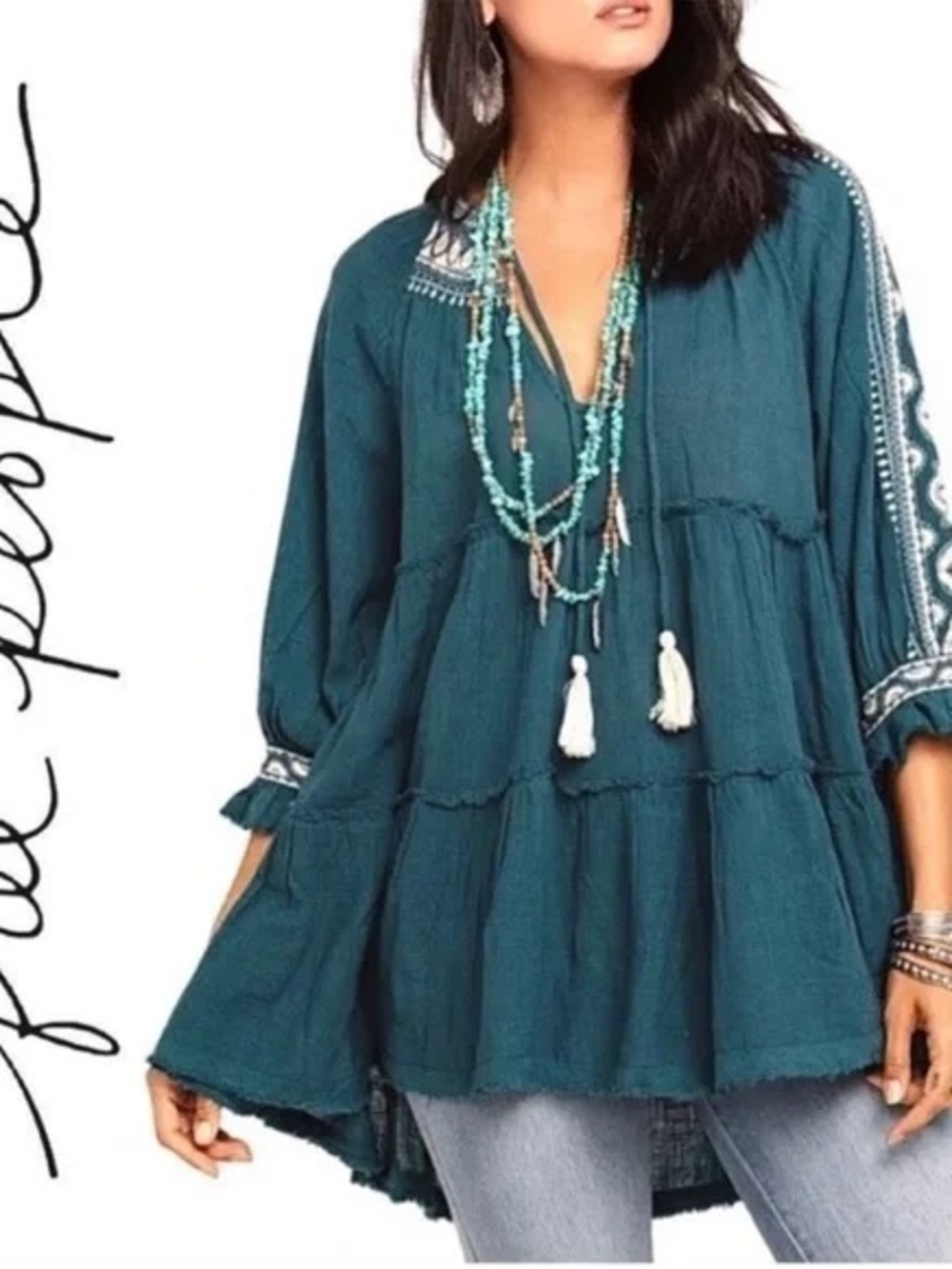 Free People Boho Teal Peasant Tunic Top with Tassel Neck